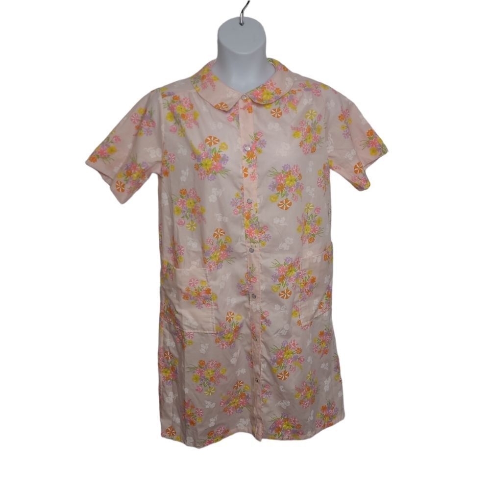 VINTAGE 70s pink floral‎ short sleeve button up house coat dress kawaii L